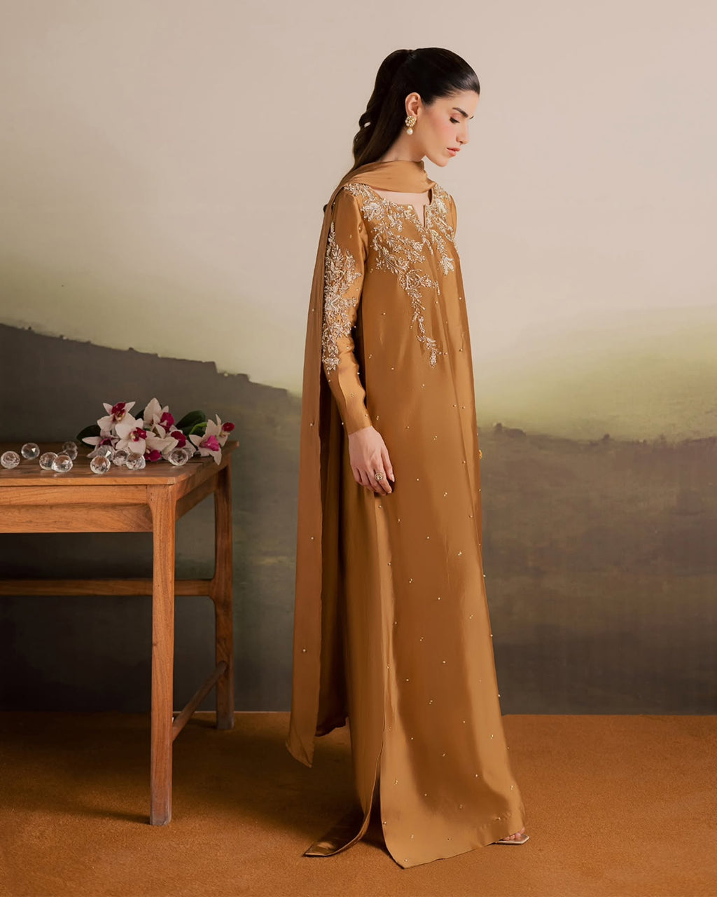 Caramel Gold Shisha Silk Kaftan – 3 Piece