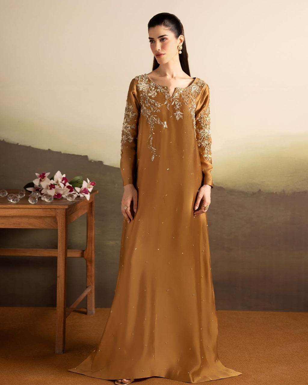 Caramel Gold Shisha Silk Kaftan – 3 Piece