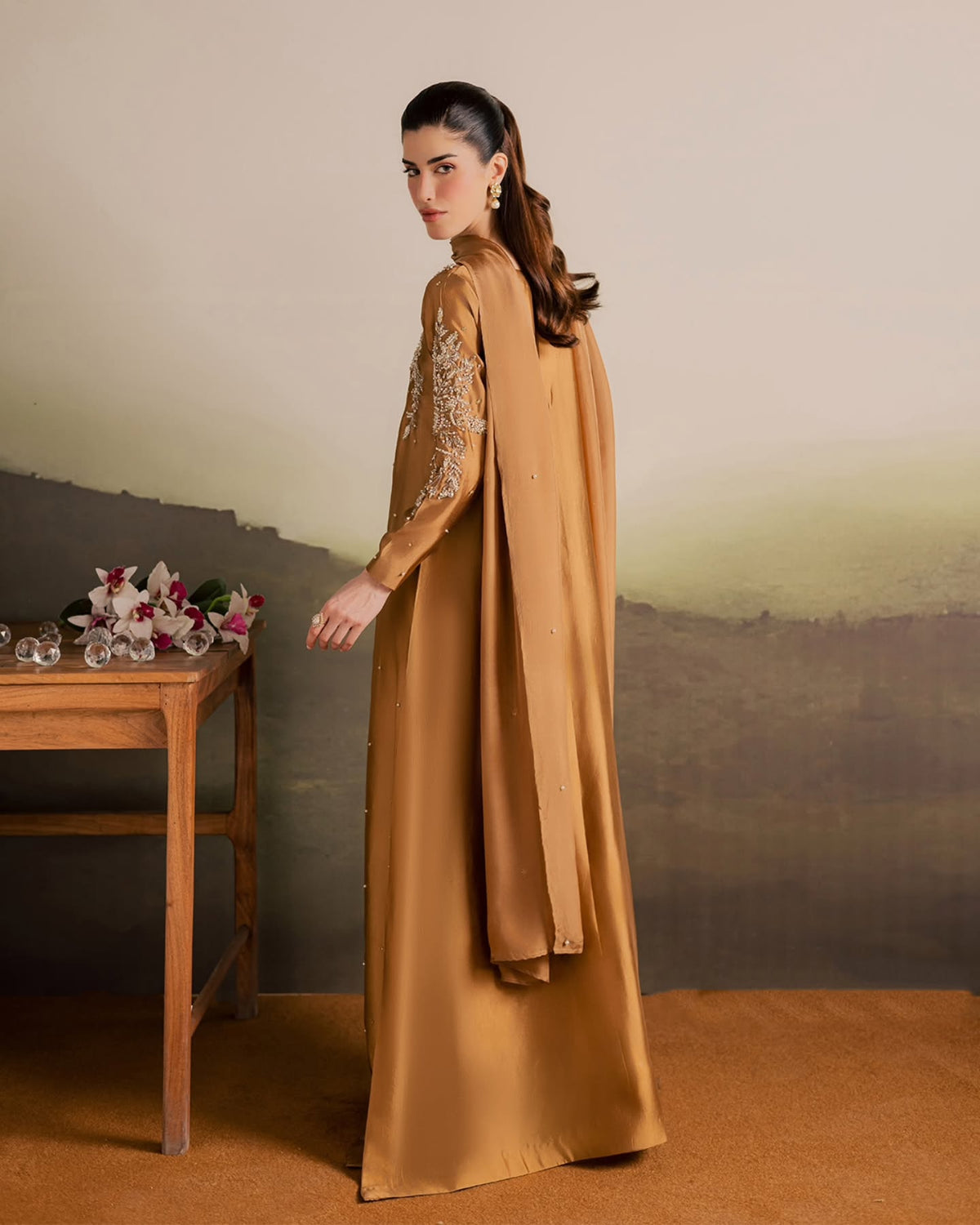 Caramel Gold Shisha Silk Kaftan – 3 Piece