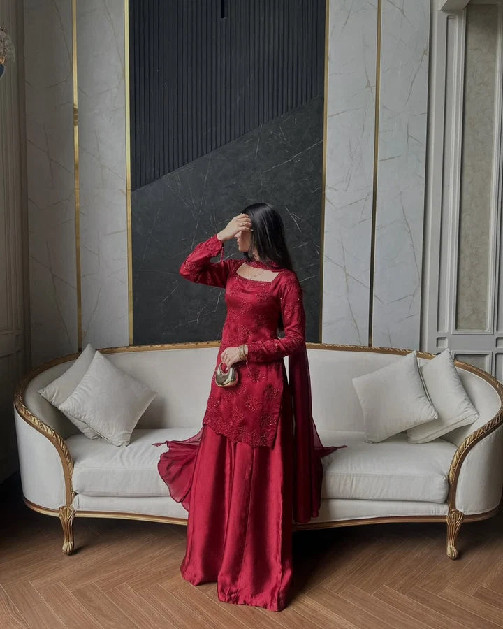 Deep Maroon Tussle Silk Sharara Set | 3-Piece