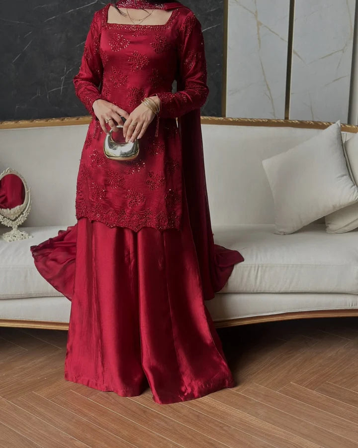 Deep Maroon Tussle Silk Sharara Set | 3-Piece