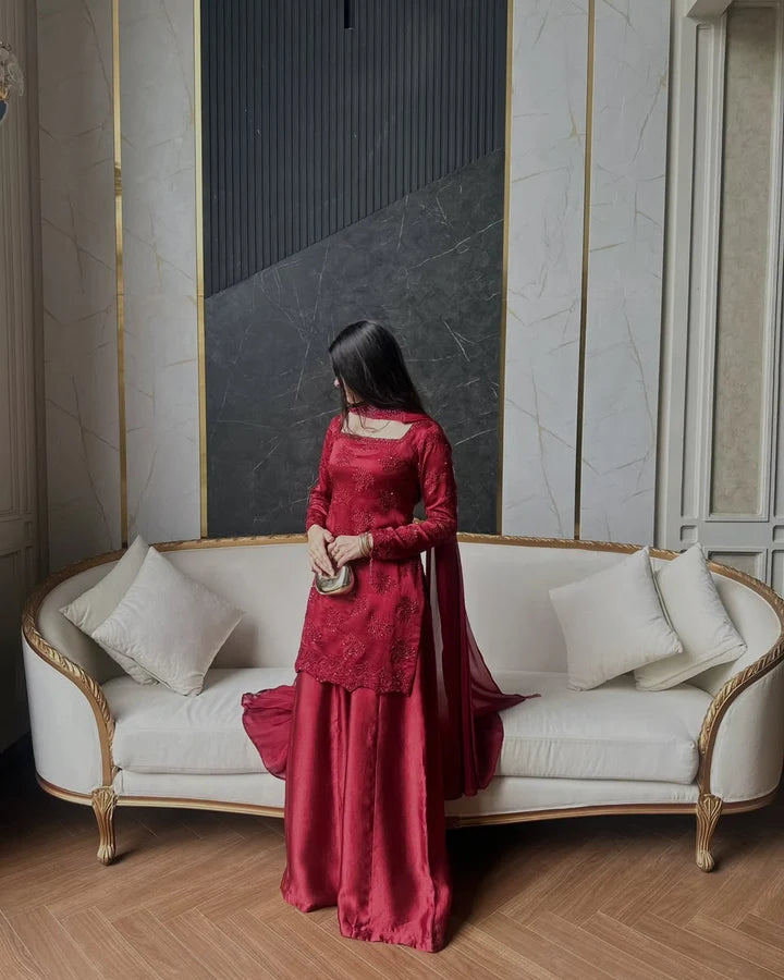 Deep Maroon Tussle Silk Sharara Set | 3-Piece