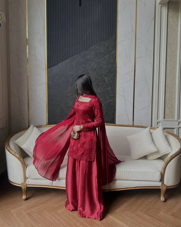 Deep Maroon Tussle Silk Sharara Set | 3-Piece