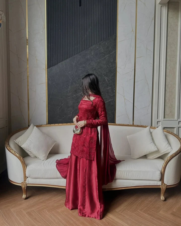 Deep Maroon Tussle Silk Sharara Set | 3-Piece
