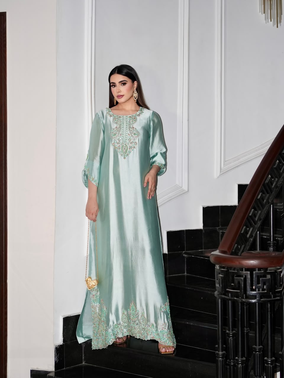 ALARA – Mint Tussel Silk Embroidered Kaftan (2 Piece)