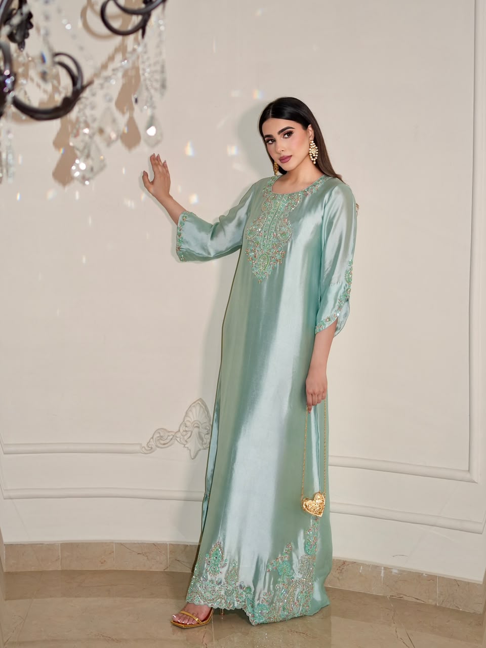 ALARA – Mint Tussel Silk Embroidered Kaftan (2 Piece)