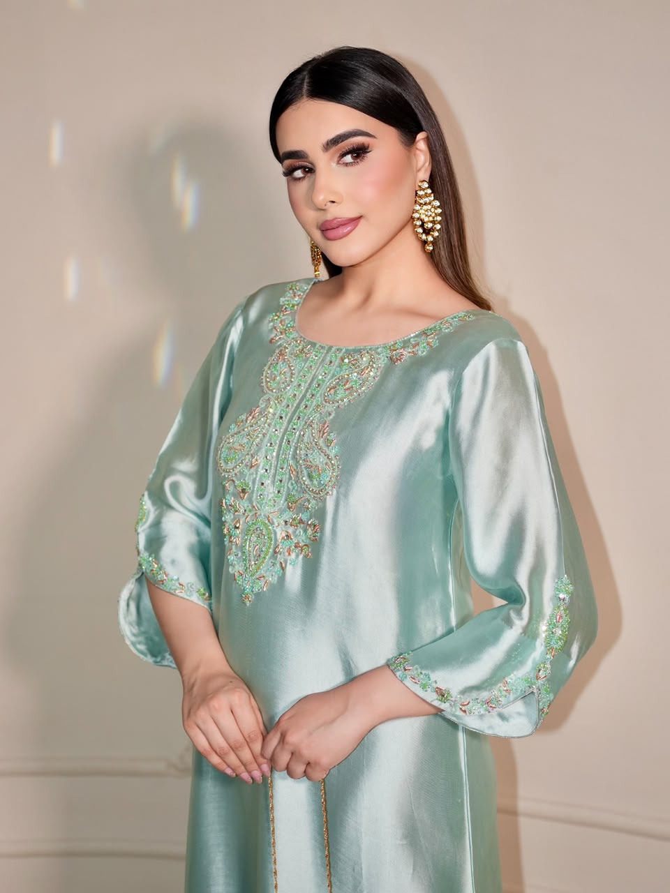 ALARA – Mint Tussel Silk Embroidered Kaftan (2 Piece)