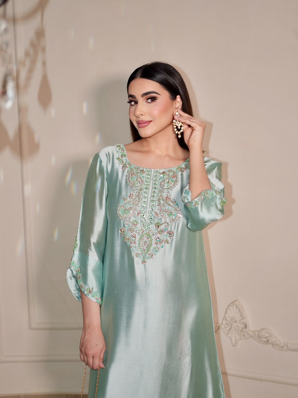 ALARA – Mint Tussel Silk Embroidered Kaftan (2 Piece)