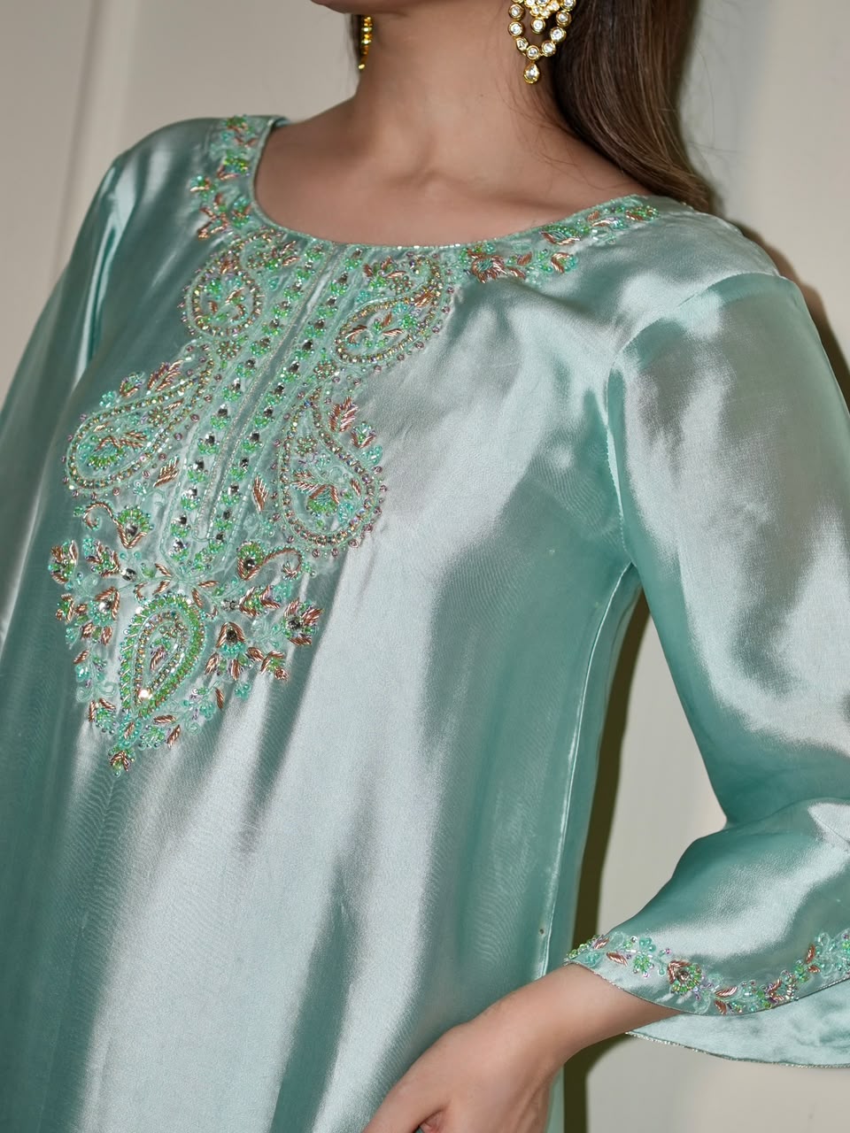ALARA – Mint Tussel Silk Embroidered Kaftan (2 Piece)