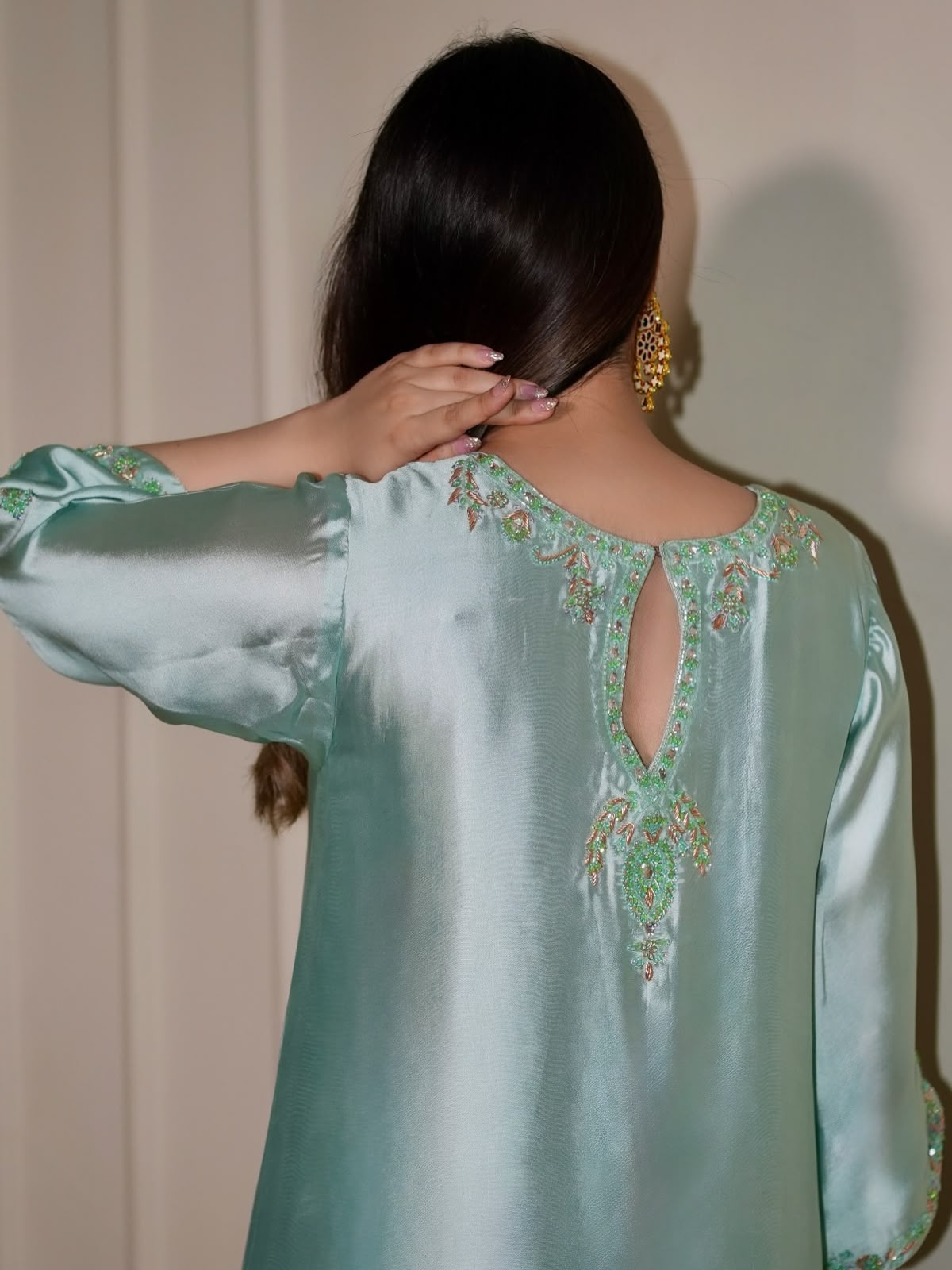 ALARA – Mint Tussel Silk Embroidered Kaftan (2 Piece)