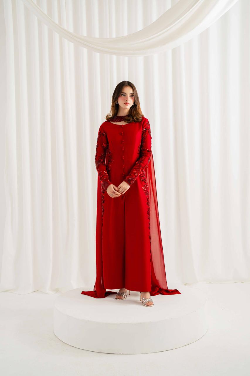 Scarlet Rose – Handmade Embroidered Tussel Silk 3-Piece Suit