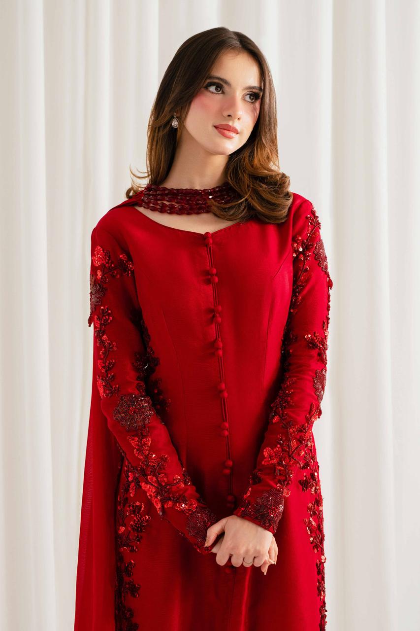 Scarlet Rose – Handmade Embroidered Tussel Silk 3-Piece Suit