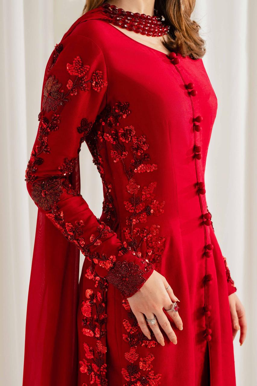 Scarlet Rose – Handmade Embroidered Tussel Silk 3-Piece Suit