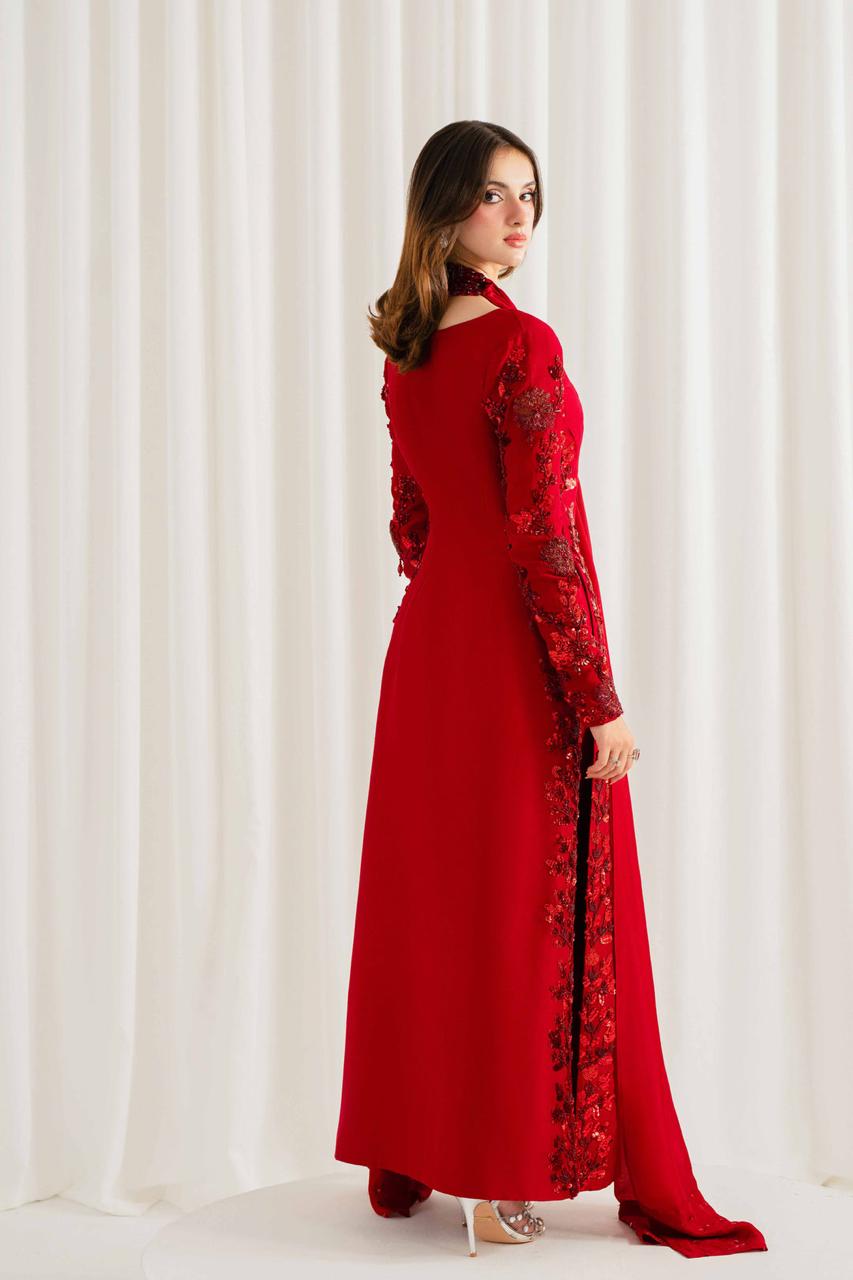 Scarlet Rose – Handmade Embroidered Tussel Silk 3-Piece Suit