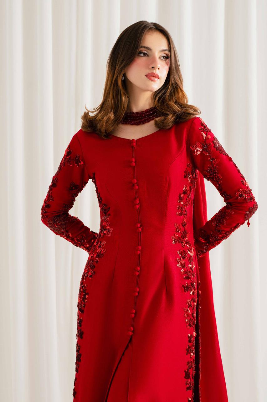 Scarlet Rose – Handmade Embroidered Tussel Silk 3-Piece Suit