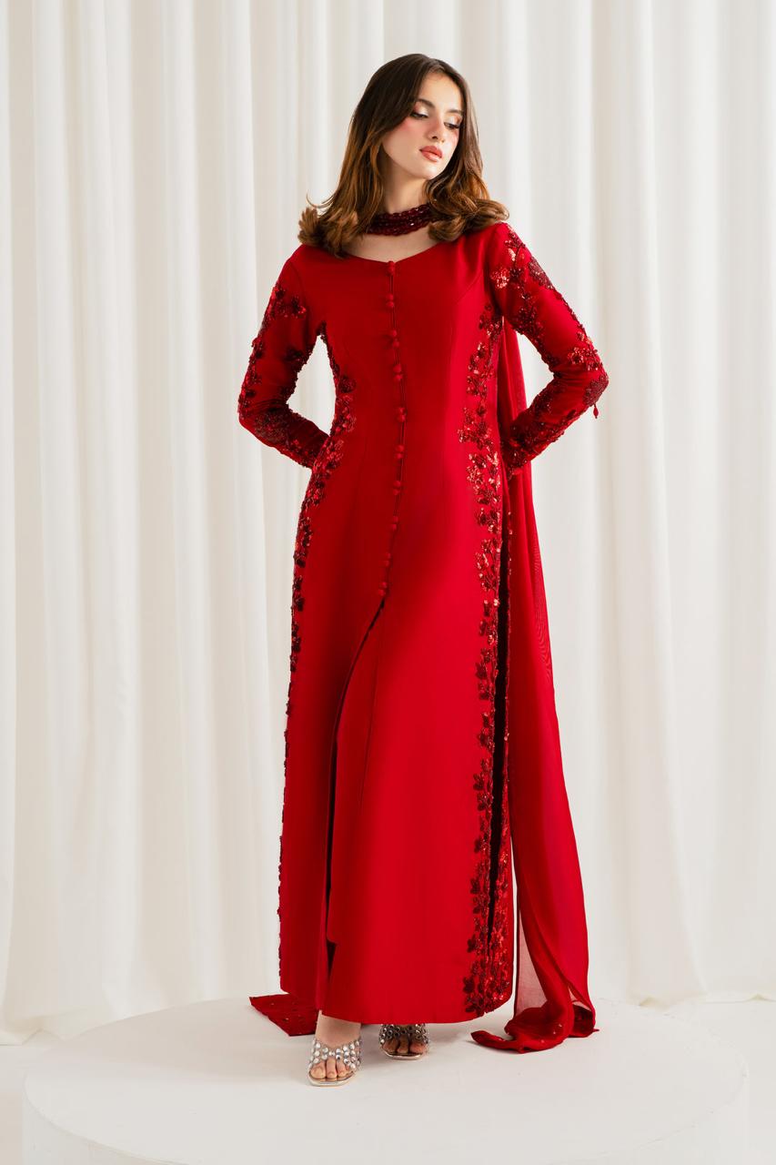 Scarlet Rose – Handmade Embroidered Tussel Silk 3-Piece Suit